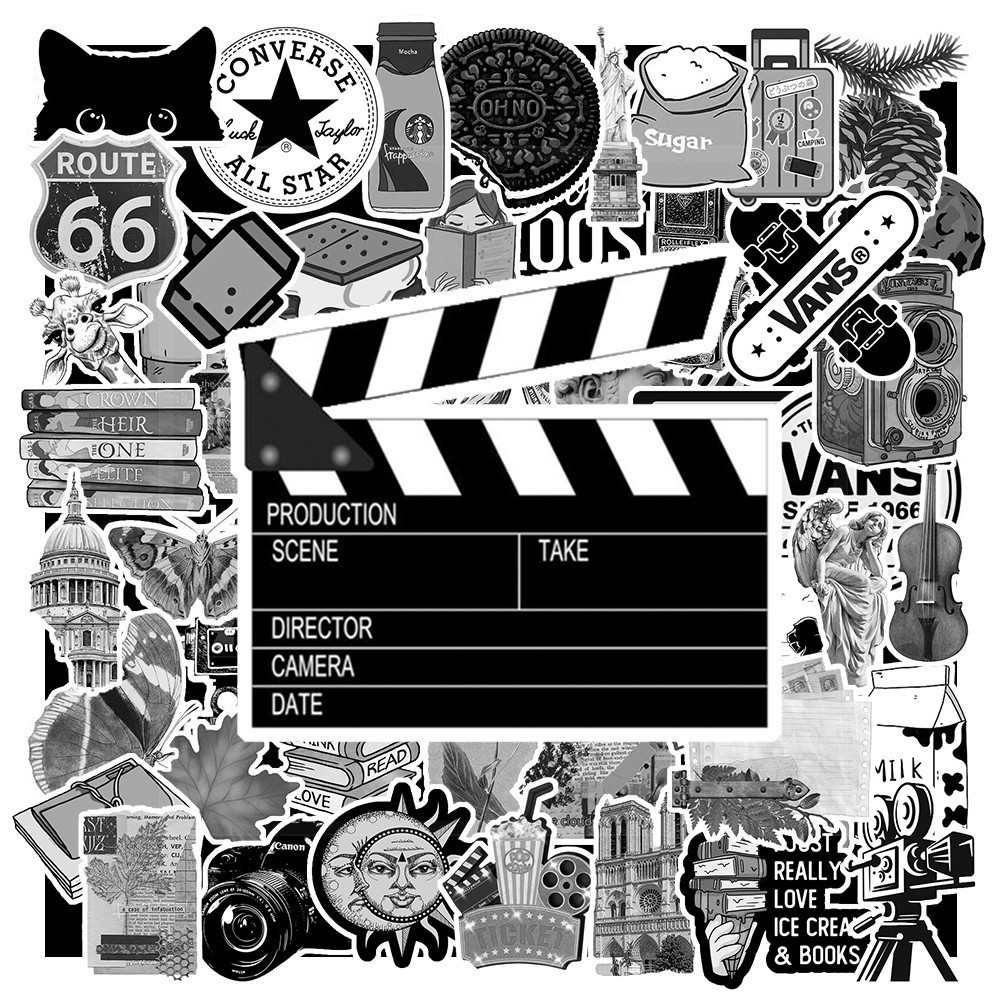 Hộp 50 Sticker Hình VINTAGE TRẮNG ĐEN Decal Phản Quang 7 Màu Halogram Chống Nước NSX Gì Cũng In | MS: 000184