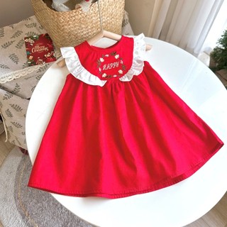 Váy Đỏ Noel Bèo Cánh Tiên Thêu Cừu Happy Cho Bé Mặc Đi Học, Đi Chơi,... 8-26kg