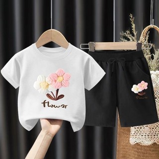 Bộ áo thun ngắn tay họa tiết hoa cho bé gái 2025 và quần Short dài đến đầu gối Bộ trang phục hợp thời trang
