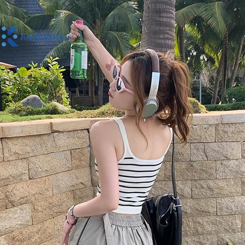 Kudosation Thời Trang Mùa Hè Sọc Cổ Vuông Không Tay Cơ Bản Mỏng Dệt Kim Tank Top Dành Cho Nữ Đẹp