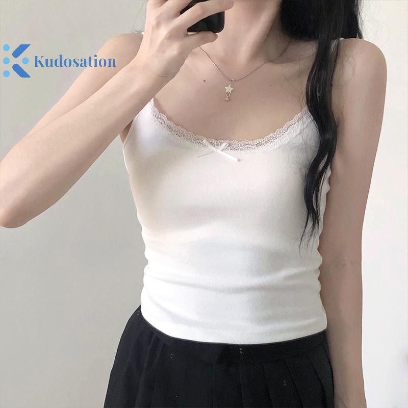 Kudosation Mùa Hè Nữ Nơ Ngọt Ngào Ren Bảng Màu Trơn Không Tay Ôm Cami Có Miếng Lót Ngực Đẹp