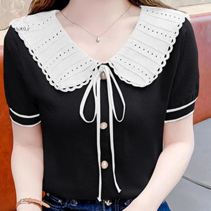 Hnkmp Mùa Hè Hàn Quốc Ngọt Nơ Dây Buộc Ruffle Cổ Búp Bê Tay Ngắn Đa Năng Áo Sơ Mi Dệt Kim Dành Cho Nữ.
