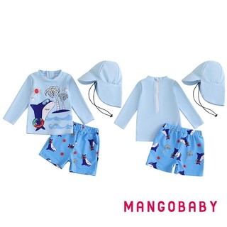 Bộ đồ bơi MG-Kid Boys Rash Guard Áo cổ tròn dài tay họa tiết chống nắng với quần short cá mập và mũ bơi