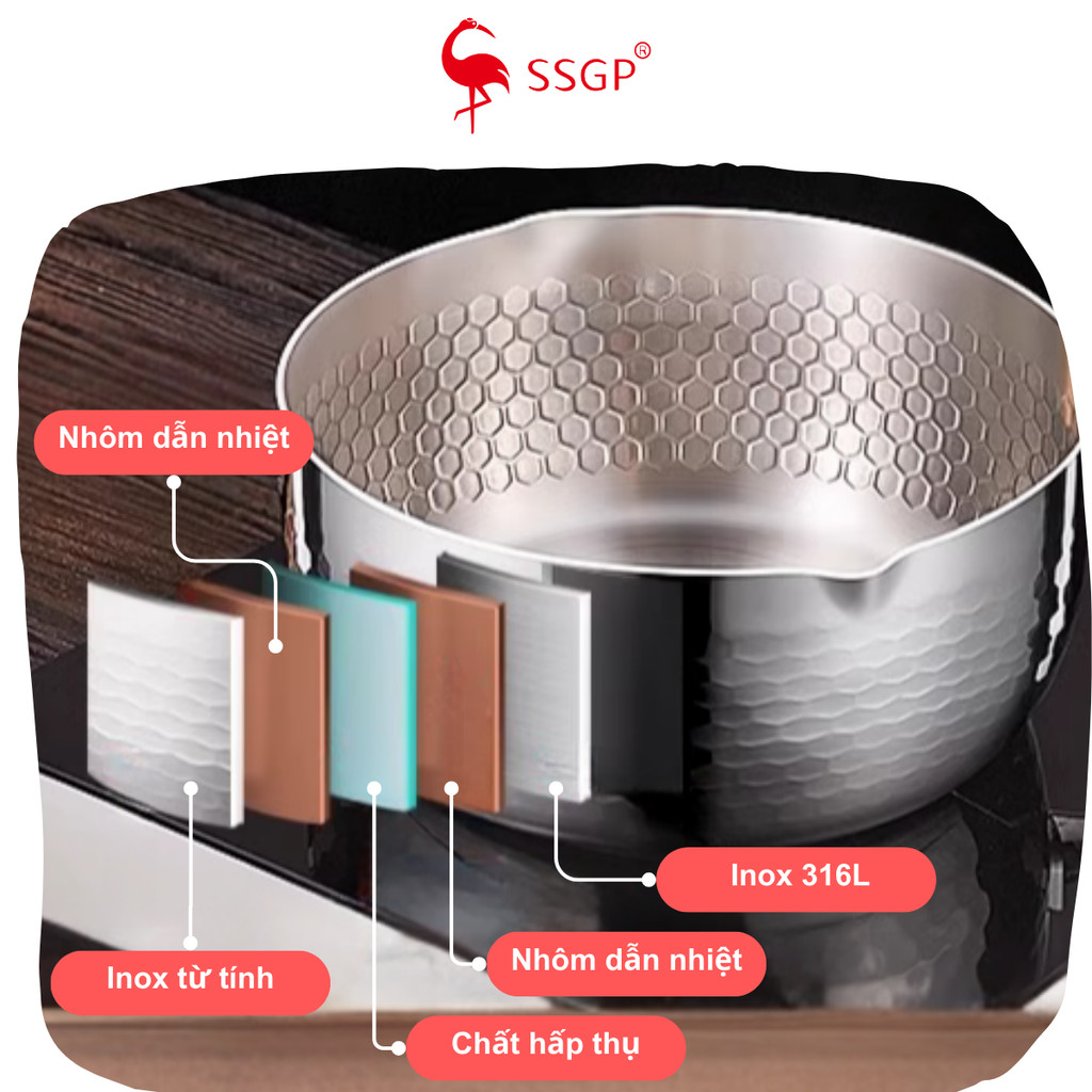 Quánh inox 316L 5 lớp chống tràn SSGP nấu cháo, nấu bột, nguyên khối, nấu mì chính hãng
