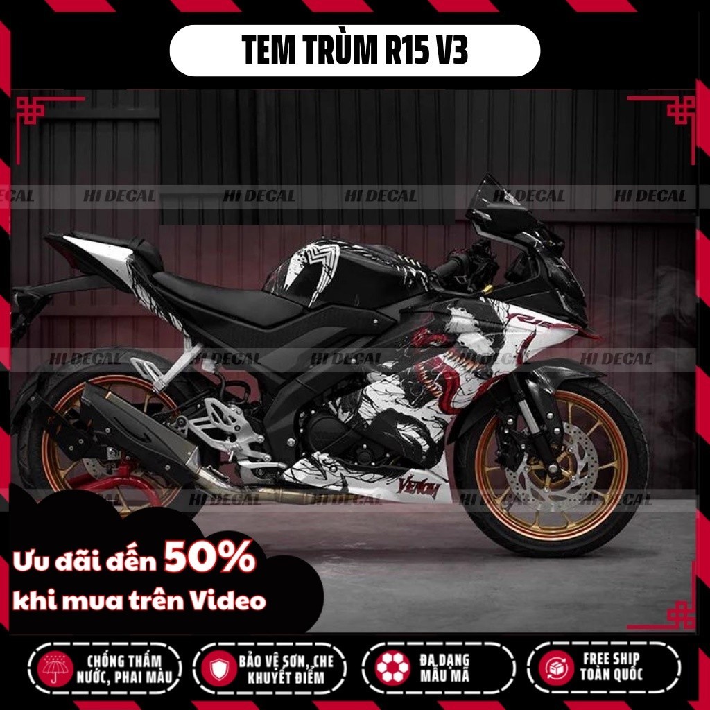 Tem trùm dán xe R15v3 venom màu trắng | R15-H017 | Decal dán xe R15 v3 chống nước, chống phai màu