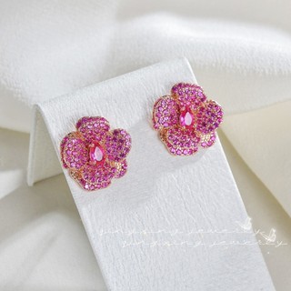 Châu Âu Mỹ ins Phong Cách Mới Đính Kim Cương Đỏ Corundum Bông Tai Hoa Hồng Nữ