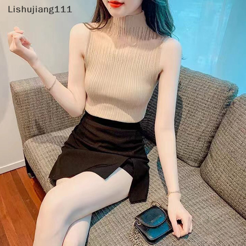 Li Mùa Hè Hàn Quốc Nửa Cổ Cao Cổ Rỗng Dệt Kim Áo Nữ Màu Trơn Không Tay Slim Top SHU