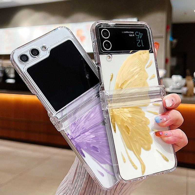 Hoa Lá Hoa Họa Tiết Trong Suốt Vỏ Điện Thoại Cho Samsung Galaxy Z Flip5 Flip4 Flip3 Full Bản Lề Cứng Trong Suốt Gấp Ốp Lưng Cho Samsung Z Flip 5 4 3