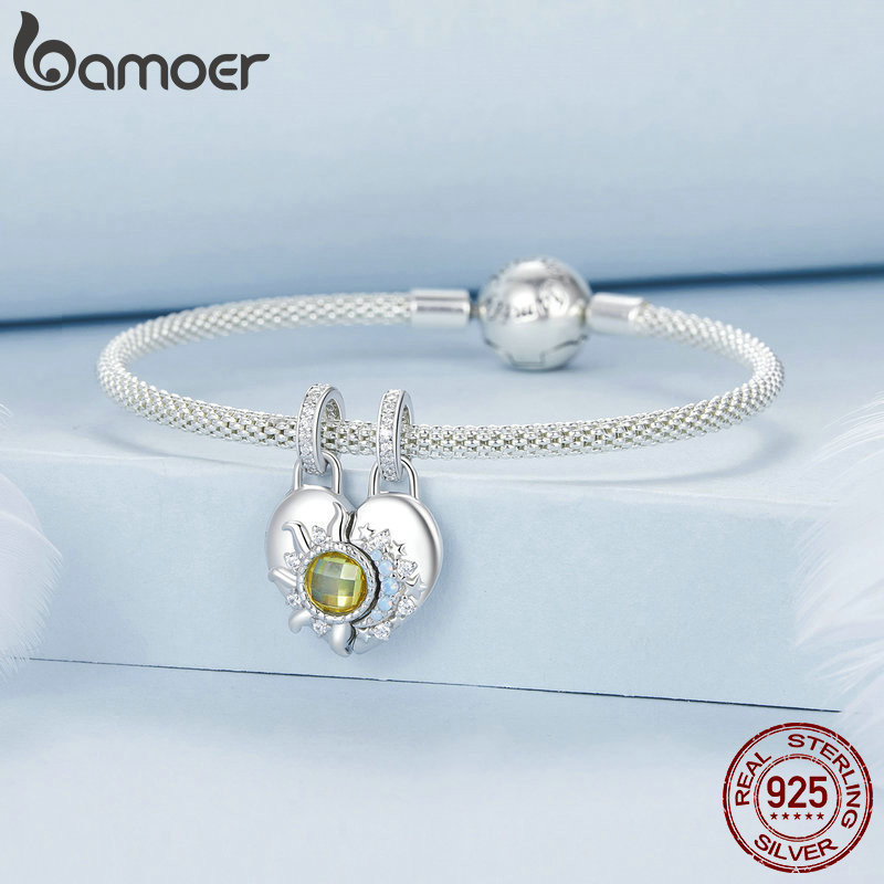 Phụ kiện mặt dây chuyền trái tim mặt trời và mặt trăng Bamoer 925 Sterling Sliver Charm cho vòng tay