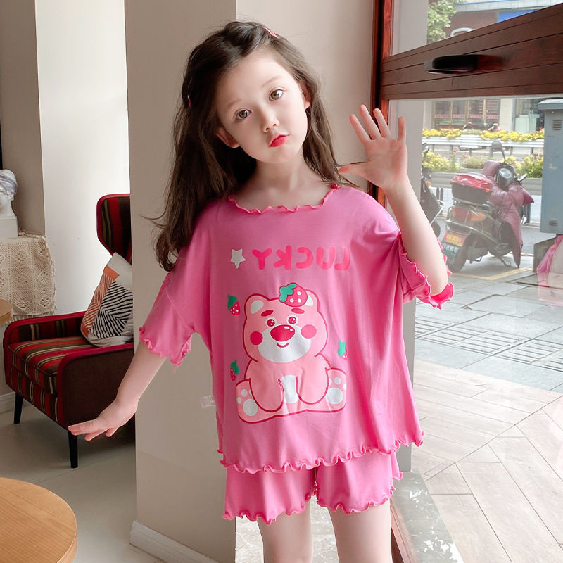 Trẻ Em Mỏng Bộ Đồ Ngủ 100-150 Kích Thước Bé Gái Mùa Hè Tay Ngắn Phù Hợp Với Bé Gái Nhà Quần Áo Hoạt Hình Kuromi Bộ Đồ Ngủ FKYS