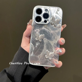 Sang Trọng Aurora Feather Flash Kim Cương Bướm + Dây Xích Điện Thoại Ốp lưng iPhone15 14 13 12 11 Pro MAX IXS MAX XR XS Camera Chống Sốc Bảo Vệ Toàn Diện Mặt Sau Cứng Mờ