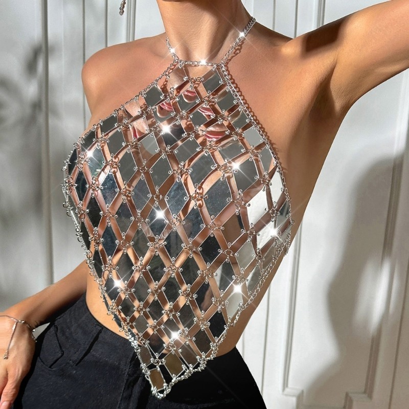 Vua Nữ Acrylic Kim Cương Kim Sa Lấp Lánh Dây Crop Backless Ngực Dây Xích Không Đều Camisole Cơ Thể Trang Sức Lễ Hội Trang Phục
