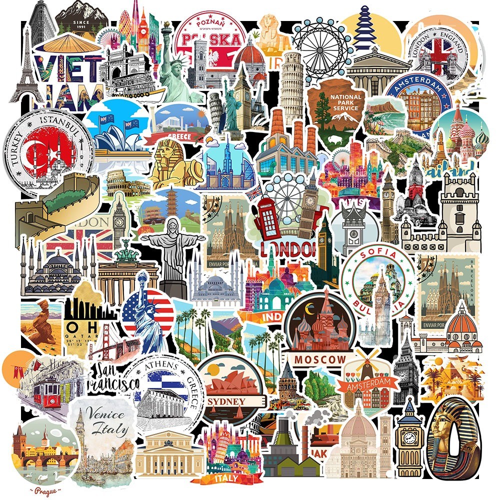 Set 50 Sticker Kỳ Quan Thế Giới – Travel Du Lịch | Chống Nước