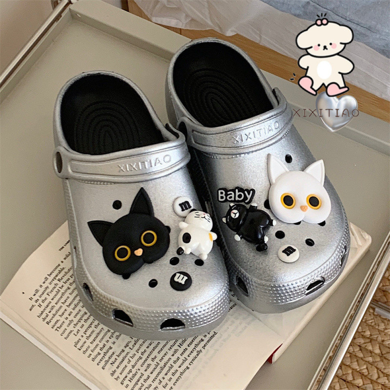 Xixitiao Sandal Ngoài Trời Hoạt Hình Dễ Thương Đen Trắng Mèo Con Mùa Hè Phong Cách Mới Đế Mềm Bạc Nam Nữ