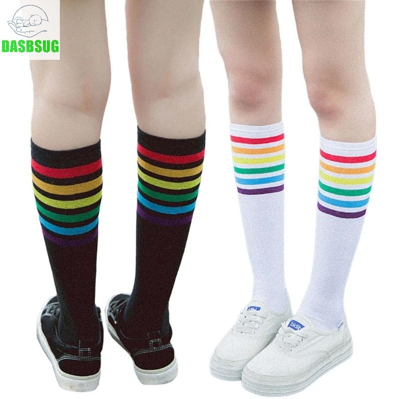 Dasbsug Nữ Cầu Vồng Sọc Đầu Gối Phong Cách Trường Học Cô Gái Ống Dài Tất