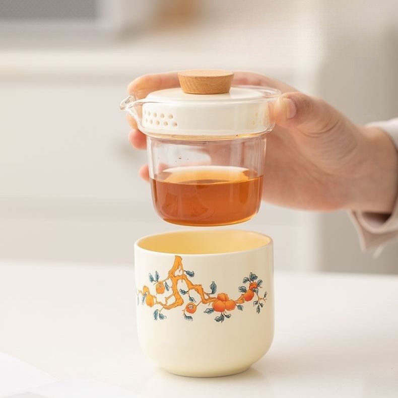 Bộ trà gốm ngoài trời Persimmon Ruyi Bộ trà du lịch sứ trắng di động Một nồi Một cốc có túi