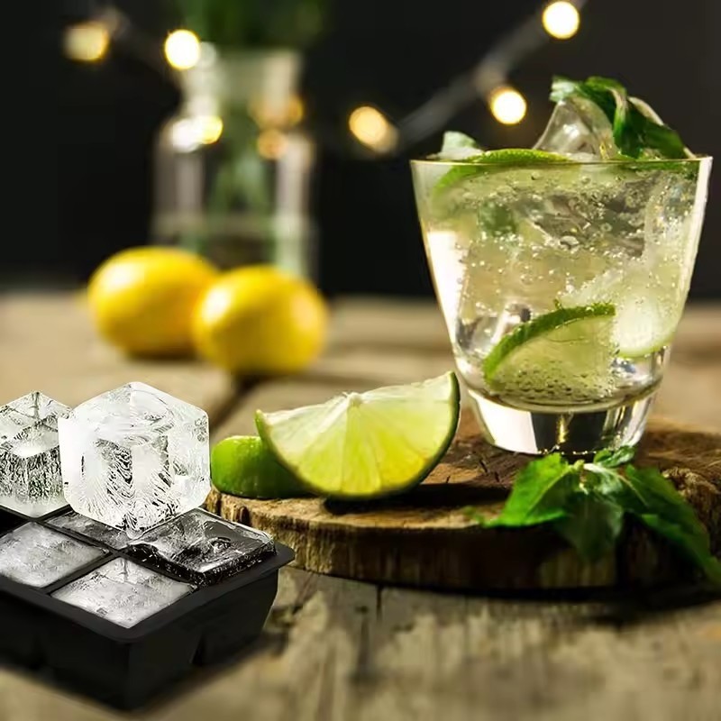 Hộp khuôn khay đá lớn 4 / 6 / 8 - Khuôn khay vuông bằng silicon - Mẫu máy làm đá viên tự làm Bar Pub Wine Ice Blocks - Khuôn làm đá lưới vuông - Phụ kiện quầy Bar nhà bếp