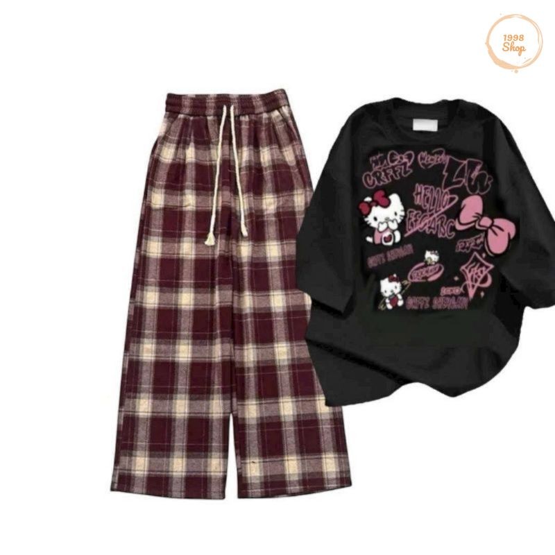 Tổng Hợp Các Sét Quần Kẻ Caro màu ĐỎ  ống Rộng + Mix Áo Phông Form Rộng Tay Lỡ Cotton