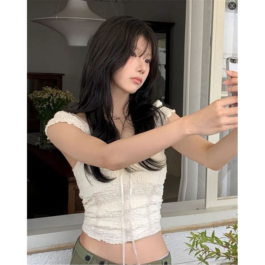 Milyfashion Ren Dệt Kim Sling Pure Desire Slim-fit baby tee Xếp Ly Vải Ruy Băng Nơ Ngắn Top