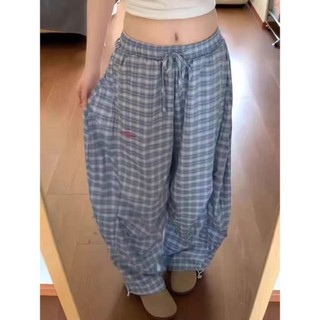 S-5XL Quần Size Lớn Nữ Mỹ Thường Ngày Kiểm Tra Quần Nữ Xuân Hè Rời Machete Quần Drape Sàn Lau Quần Ống Rộng ins Đơn Giản Hợp Thời Trang Vừa Size Lớn Quần Kiểm Tra Nữ