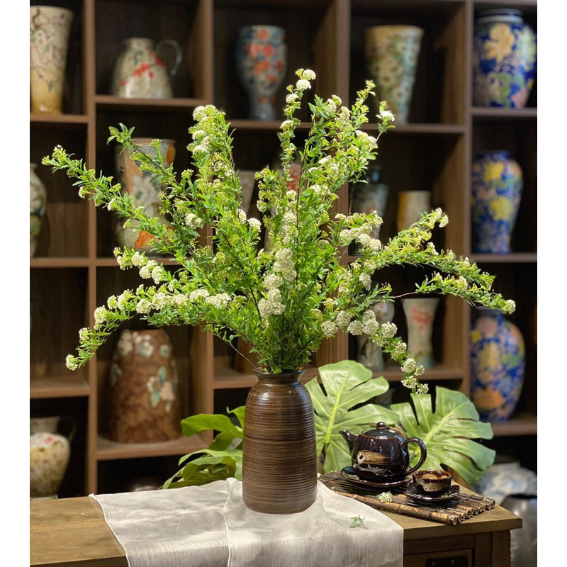 Bình gốm sứ Bát Tràng dáng đu đủ họa tiết vân ganh cắm hoa hồng, hoa sen, decor nội thất