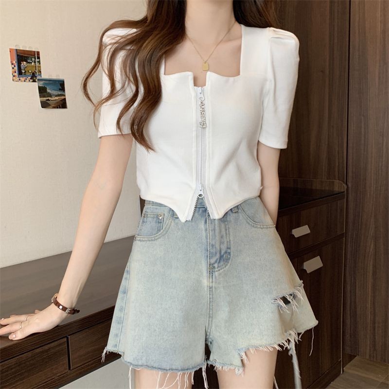 Áo thun dệt kim K Mùa hè Phong cách mới Cổ vuông Dây kéo Áo thun Slim-fit
