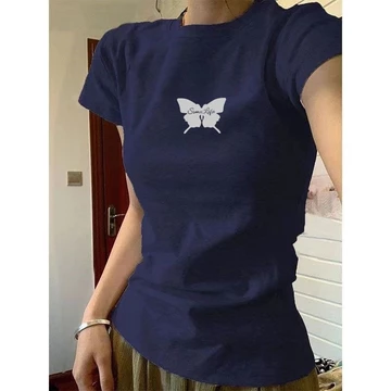 【100% cotton 】Áo baby tee Áo Thun ôm body Áo y2k ngắn tay màu xanh hải quân dành cho nữ Áo ngắn Slim-Fit