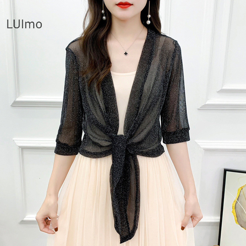 Luimo Áo khoác sành điệu Cardigan nửa tay phía trước Áo khoác buộc dây nữ Áo khoác ngắn mỏng SBS