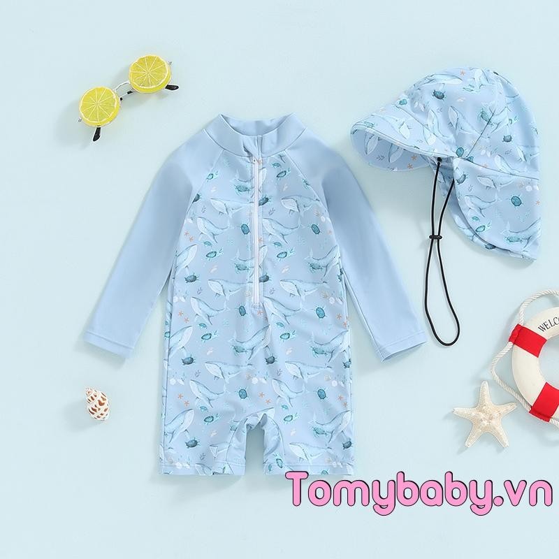 Bộ đồ bơi bé trai in hình cá voi dài tay Rash Guard Đồ bơi Mũ chống nắng Bộ đồ tắm cho bé