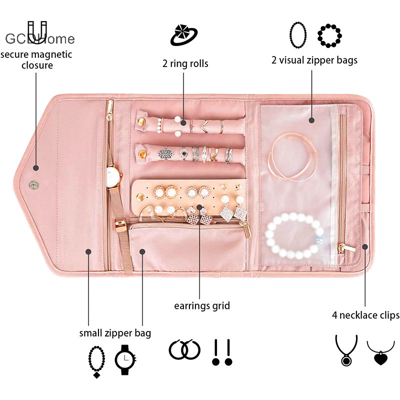 Gcdhome Có Thể Gập Lại Hộp Trang Sức Cuộn Du Lịch Trang Sức Tổ Chức Di Động Cho Hành Trình Bông Tai Vòng Cổ Thổ Cẩm Túi Bảo Quản HOT