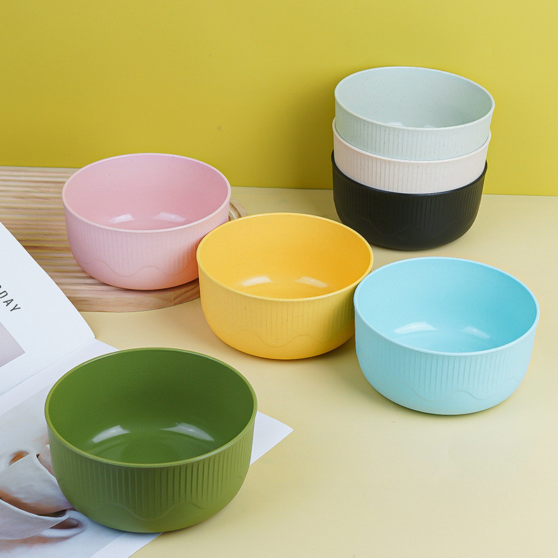 Mới 15cm Ren Tròn Bát Rơm Lúa Mì Bát Sọc Bát Cơm Hộ Gia Đình Bát Canh Ký Túc Xá Nhựa Ăn Liền Mì Bát Tròn Bát Cơm Chống Rơi Bát