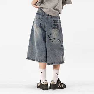 Gksss Nam Phố retro graffiti Nhật Bản Quần short denim dáng rộng giản dị thẳng ống rộng quần crop