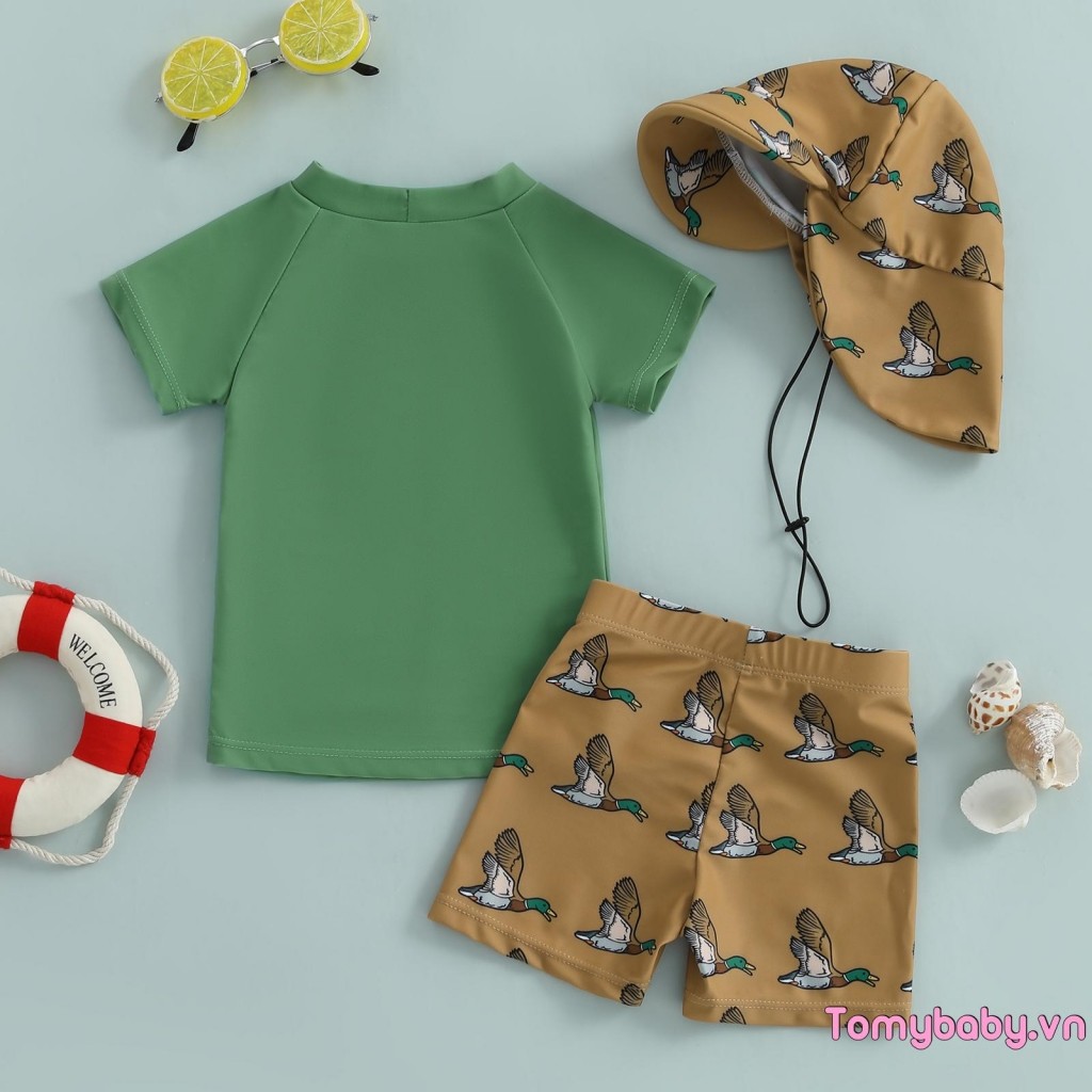 Bộ đồ bơi bé trai Rash Guard cho bé trai tập đi Áo cổ tròn ngắn tay in hình cá mập / vịt + Quần Short + Mũ bơi Bộ 3 chiếc
