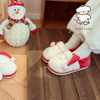 Xixitiao Đêm Giáng Sinh Nai Sừng Tấm Thời Trang Ấm Áp Nhà Cotton Đế Mềm Dép Bé Trai Bé Gái Mùa Đông