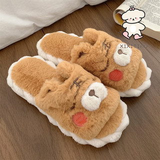 Xixitiao Cô Gái Trái Tim Dễ Thương Hổ Nhỏ Sang Trọng Dép Cotton Thu Đông Giải Trí Nhà Trong Nhà Ấm Áp Dày Đế Mềm Giày Nữ