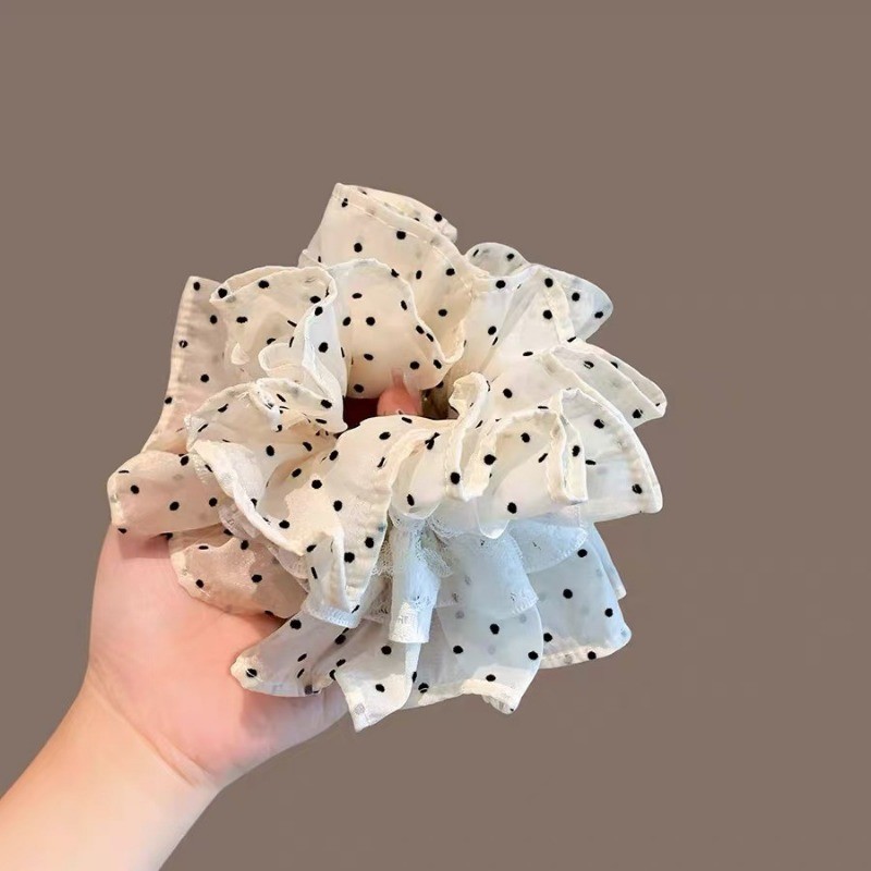 Mauropoli [Sẵn sàng] Dây buộc tóc xếp li chấm bi sang trọng Hàn Quốc Thời trang văn học Cảm giác ren Trim Đuôi ngựa Đầu bóng Phụ kiện tóc
