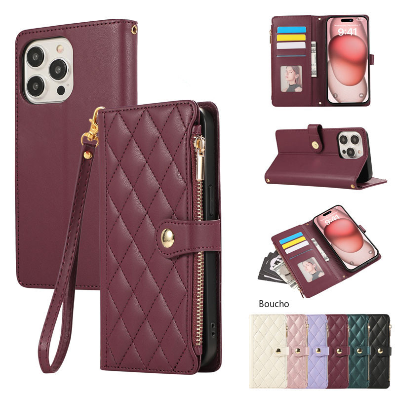 Dành Cho iPhone 13 12 Mini 11 Pro Max XR XS Max X 8 7 Plus Sang Trọng Nổi Dây Kéo Nữ Ốp Lưng Điện Thoại Ví Túi Da Chống Vỡ Flip Cover Có Dây Đeo