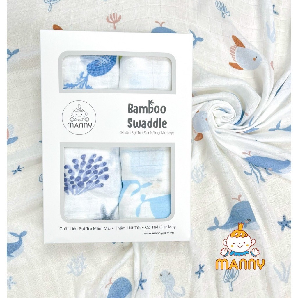 Hộp 2 khăn tắm sợi tre Bamboo Manny hai lớp cao cấp, mềm mịn, khăn tắm cho bé kích thước 110x120cm