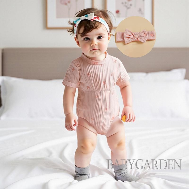 / / -Bộ Áo liền quần cổ tròn ngắn tay mùa hè cho bé gái có băng đô