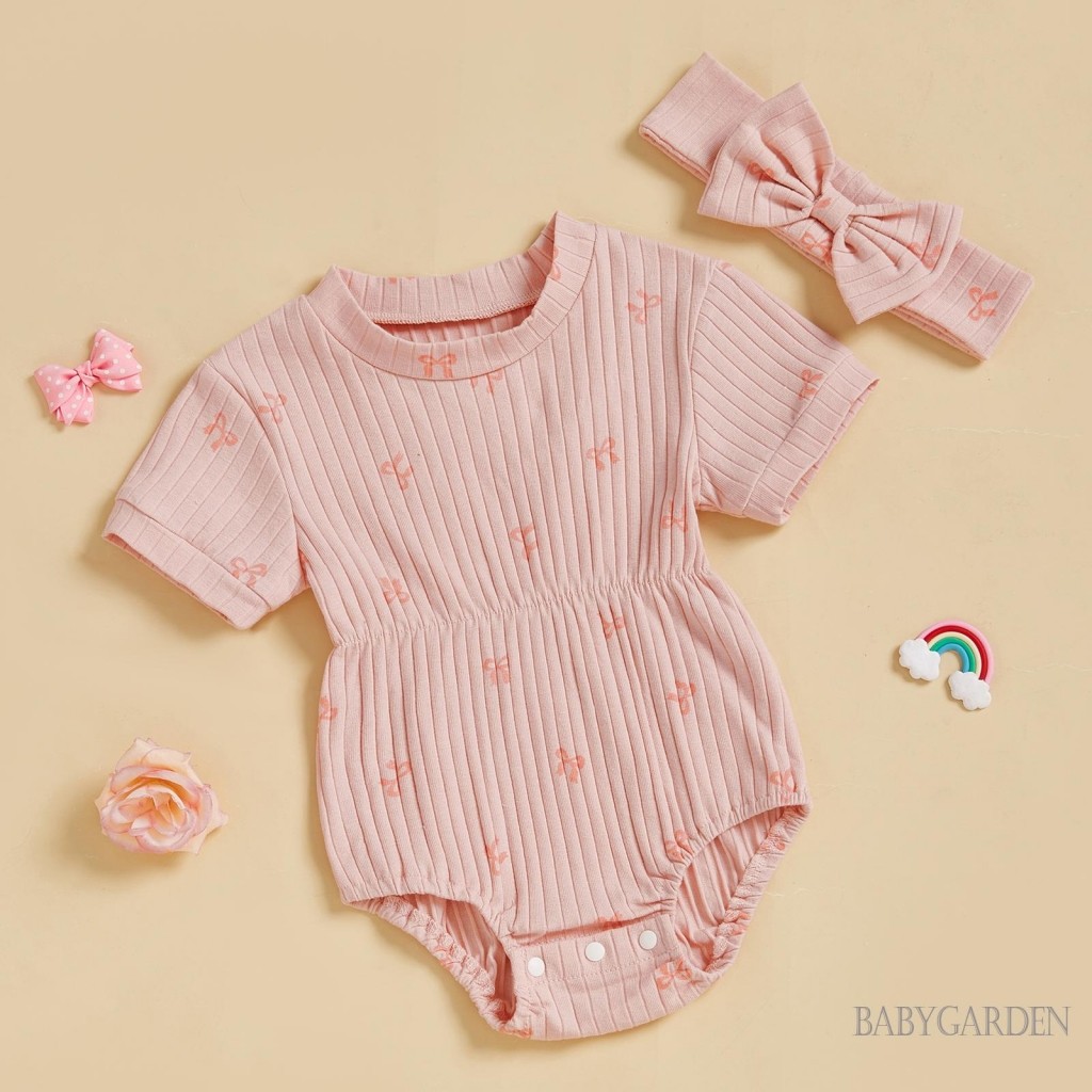 / / -Bộ Áo liền quần cổ tròn ngắn tay mùa hè cho bé gái có băng đô