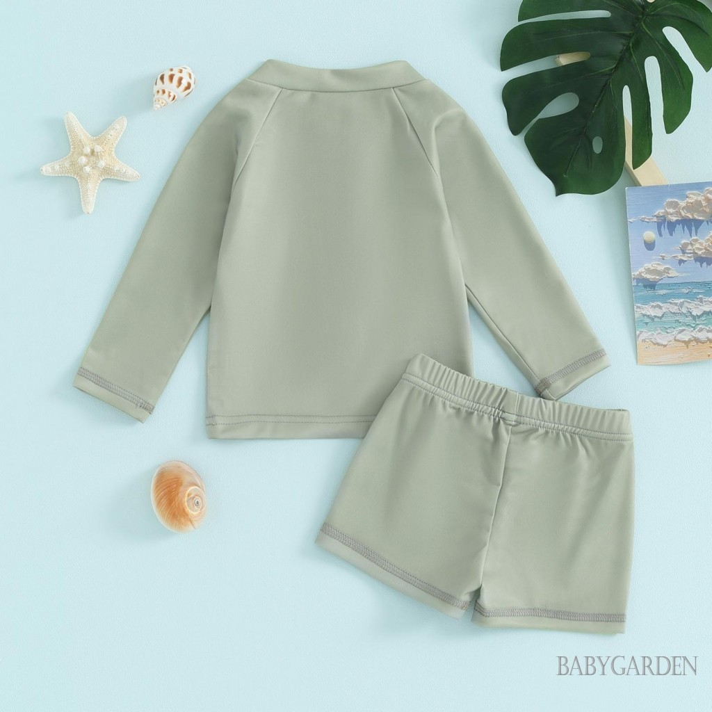 Baga-6tháng-5 tuổi Bộ đồ bơi 2 mảnh cổ tròn Dây kéo phía trước Áo bơi Rashguard dài tay + Quần short Bộ đồ tắm cho trẻ sơ sinh