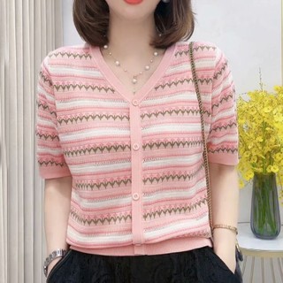 Áo thun Cardigan lụa băng ngắn tay nữ dáng rộng Size lớn Thời trang phù hợp với mùa hè Bán chạy hàng dệt kim