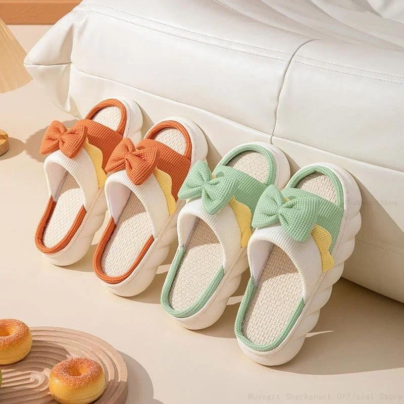 Dép Lanh Nữ Dép Đi Trong Nhà Ấm Áp Chống Trơn Trượt Nhà Giày Cotton Nơ Dễ Thương Dép Phẳng Cặp Đôi Trượt Xuân Hè