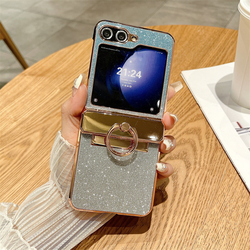 Sang Trọng Gấp Lấp Lánh Trơn Vỏ Samsung Galaxy Z Flip 6 Flip 5 Flip 4 Flip 3 5G Dành Cho Samsung Galaxy Z Flip 6 5 4 3 Bản Lề Vòng Giá Đỡ Vỏ Bảo Vệ