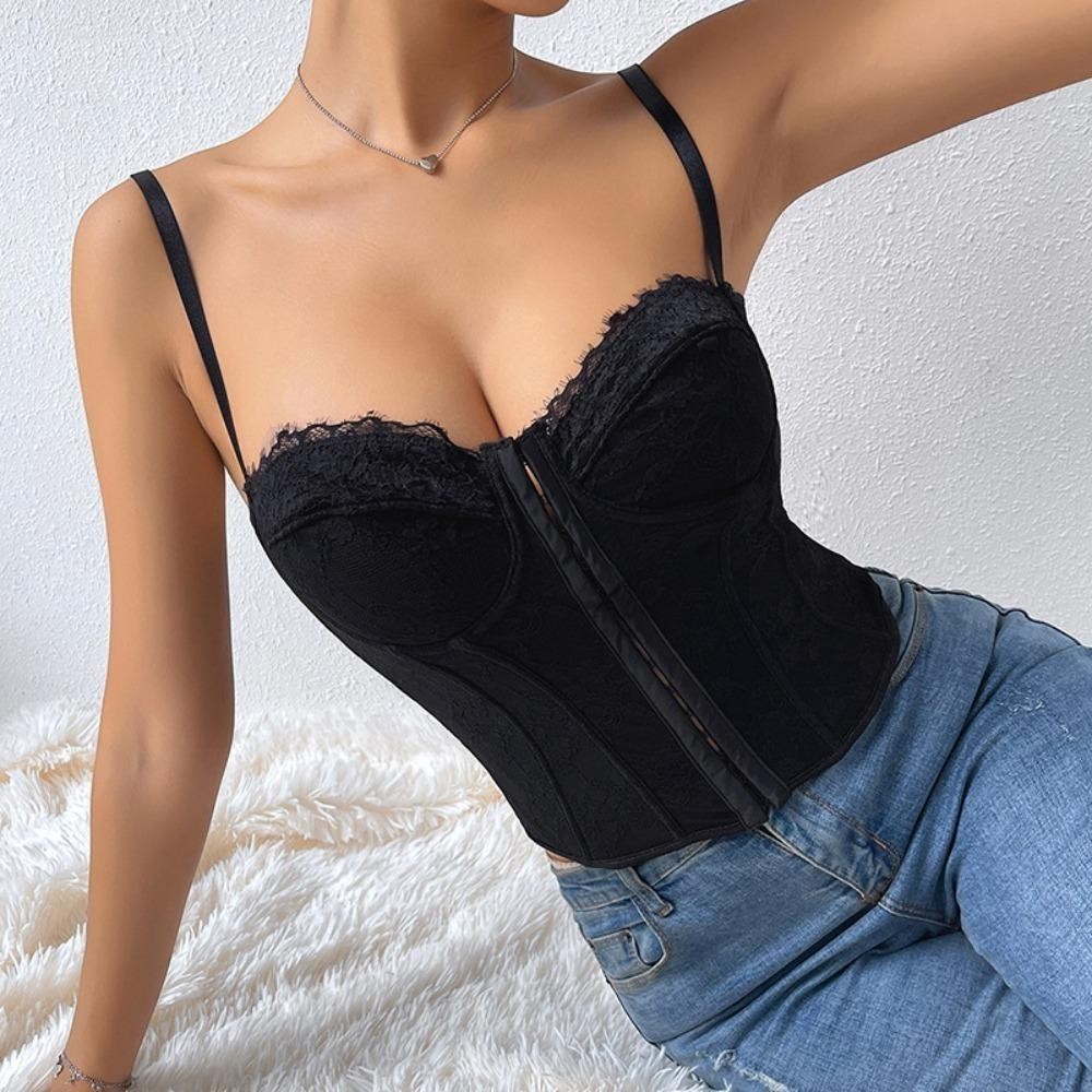 Wanyedi Áo thường ngày mùa hè, Áo Corset xương cá gợi cảm ren co thắt bụng, Áo crop Top màu trơn