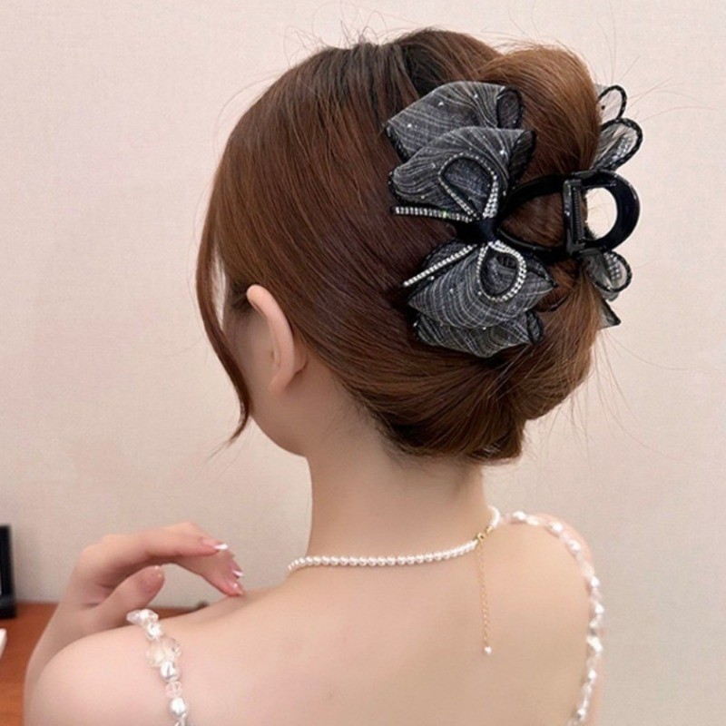 ​Kẹp cá mập đính kim cương giả Girls Dot Mesh - Móng vuốt tóc bằng nhựa dành cho nữ ​- Thời trang Hàn Quốc Vintage Elegant - Kẹp tóc nơ ren sáng bóng cho nữ - Phụ kiện tóc phổ biến - Giá đỡ đuôi ngựa