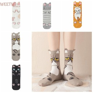 Tất Mèo WEETW, Tất Cotton Bông Tai Kẹp Động Vật, Nghệ Thuật Ngộ nghĩnh Phong Cách Hàn Quốc Tất Ống Giữa Hoạt Hình Dạo Phố