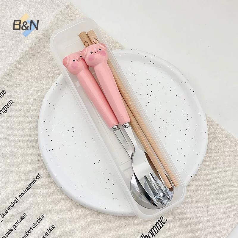 B & N Hoạt Hình Chó Con Heo Thìa Nĩa Thép Không Gỉ Dao Kéo Di Động Sinh Viên Hoạt Hình Bộ Đồ Ăn Trẻ Em Hộp Bảo Quản.