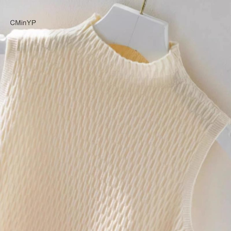 Cminyp Mùa Hè Hàn Quốc Nửa Cổ Cao Cổ Dệt Kim Áo Vest Nữ Màu Trơn Không Tay Slim Tank Top Glory