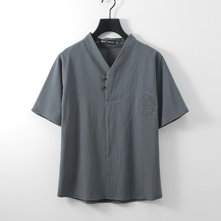Áo thun nam mùa hè tay ngắn cỡ lớn, nút ếch Trung Quốc, cotton lanh, cổ chữ V, phong cách retro thời thượng